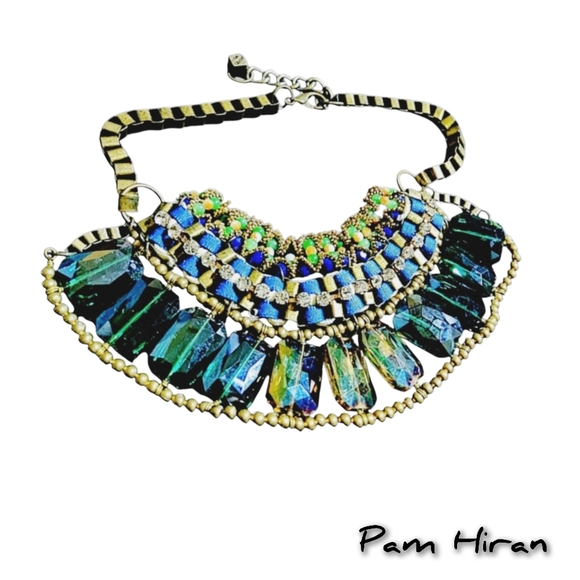 Pam Hiran Chunky Statement Necklace Various Blue Glass Beads Brass Ribbon NWOT - Picture 7 of 10